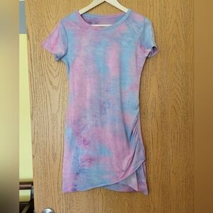 Unbranded tie dye pink, blue, & purple faux wrap side rouche mini t-shirt dres S